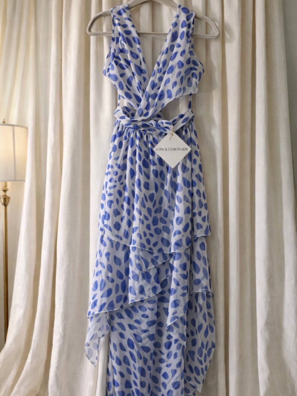 Love & Lemonade White/Blue Draped Open-Back Ruffle Maxi Dress NWT - Size Medium